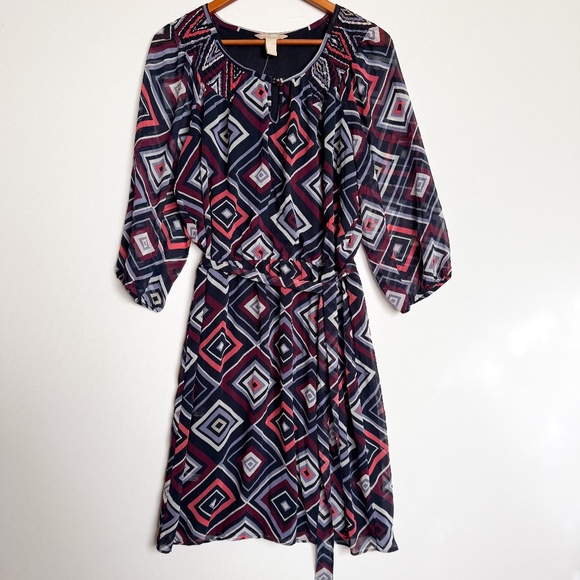 Banana Republic NWT Artsy Sheer Lined Geometric Print Flowy belted Dress sz 12 - Picture 1 of 9
